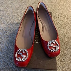 Rhinestone Gucci red leather low heels size10.5